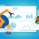 Illustration representing key manufacturing trends, including a mechanical arm, an older worker in a hard hat, a customer service agent, and a screen with graphs and charts on it.