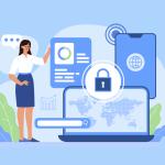 Image shows woman surrounded by security icons.