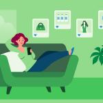 A woman relaxes on her couch, browsing shoppable content on her phone. Images of products like clothing, drinks, and beauty products float above her, demonstrating the ease of online shopping.