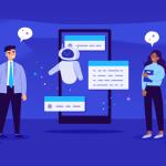 Four people, two women and two men, stand around a large smartphone displaying a chatbot interface with chat bubbles. This represents business leaders speaking about AI-powered agents.