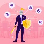 A knight in a business suit stands with an AI shield, symbolising a Chief Information Security Officer (CISO) working towards AI-driven cybersecurity leadership.
