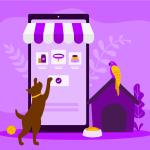 Dog ordering pet supplies on a mobile phone app, representing Pets at Home leveraging AI opporunities in Europe.