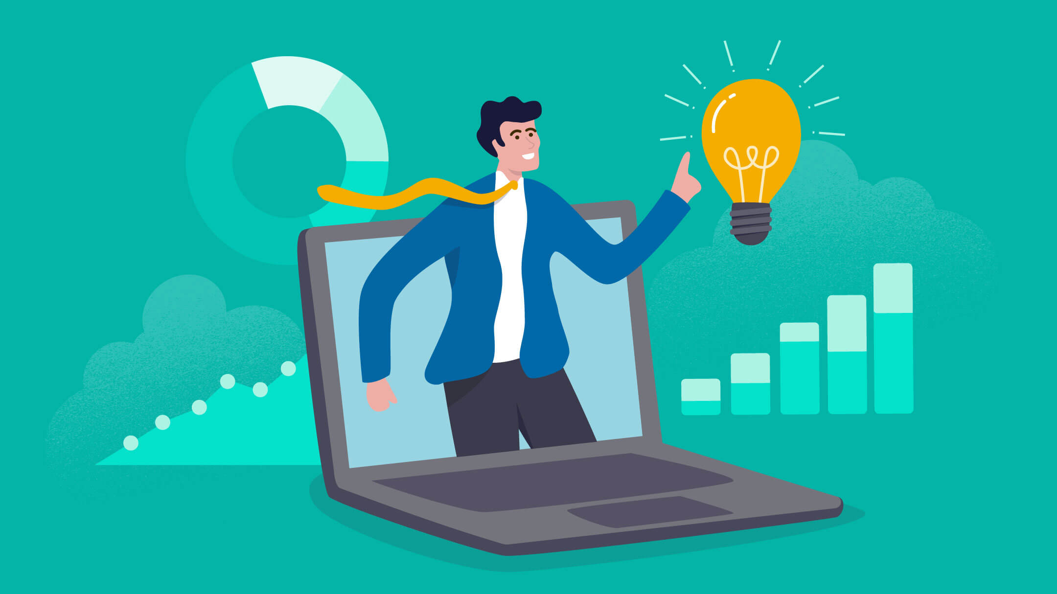 A man popping out of a laptop finger pointing to a light bulb