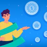 Man surrounded by icons (globe, phone, etc.) symbolising key sales/customer behaviour trends.