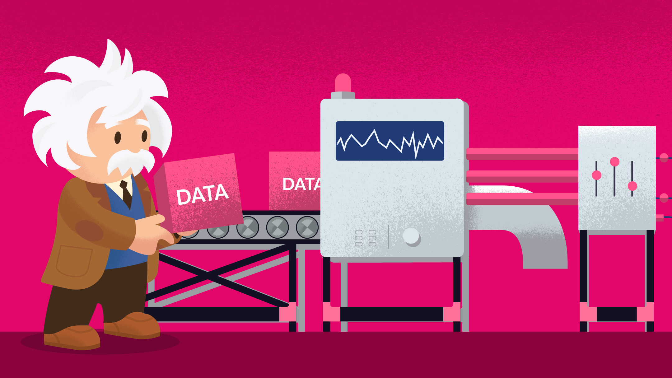 Einstein adds 'DATA' blocks to an AI machine's conveyor belt.