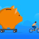 CMO biking, pulling giant piggy bank, securing marketing budget. Zero-based budgeting.