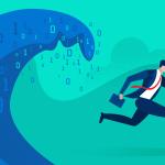 A businessman runs from a data deluge, a wave of binary code.
