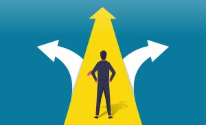 Illustration showcasing an SMB owner looking at three arrows or paths to CRM success with Salesforce.
