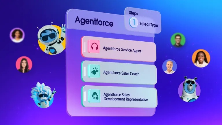 A selection interface displays three Agentforce agent types including Service Agent, Sales Coach, and Sales Development Representative.