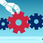 A giant robot hand places a cog in between two smaller ones held by a woman on one side and a man on the other, symbolizing how AI can complete a business’ strategy.