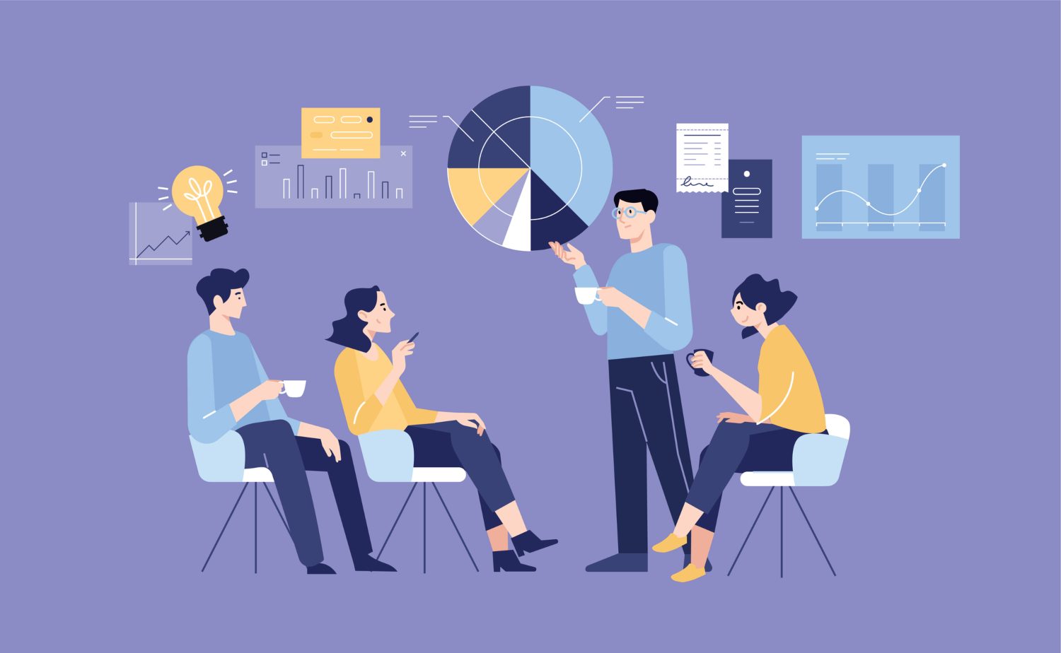 4 people surrounded by charts and diagrams