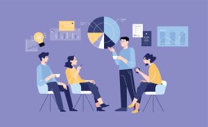 4 people surrounded by charts and diagrams