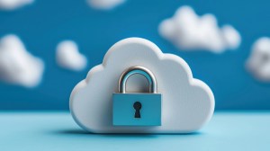 A blue padlock sits on a white cloud icon.