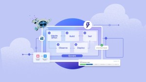 Flowchart of the software development lifecycle with a small robot mascot above. Five steps—Ideate & Plan, Build, Test, Observe, and Deploy—are grouped under a "Govern" process.
