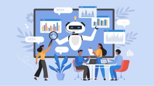 Digital Labour represented by robots and humans collaborating.