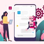 An illustration of a woman and chatbot robot using AI in customer service