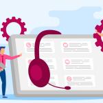 Two illustrated male agents look at a tablet displaying the different customer service channels