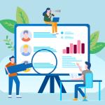 Illustration of three individuals viewing customer service metrics on a large screen.