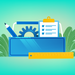 Illustration of a toolbox with pencil, gear, clipboard and ruler.