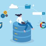 Une illustration représente une femme assise sur un grand data center, entourée de symboles représentant des mesures de sécurité.