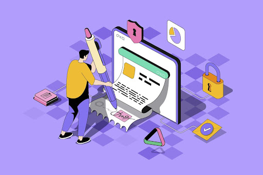 Illustration montrant un chef d'entreprise en train d'écrire sur une feuille de papier avec un grand crayon