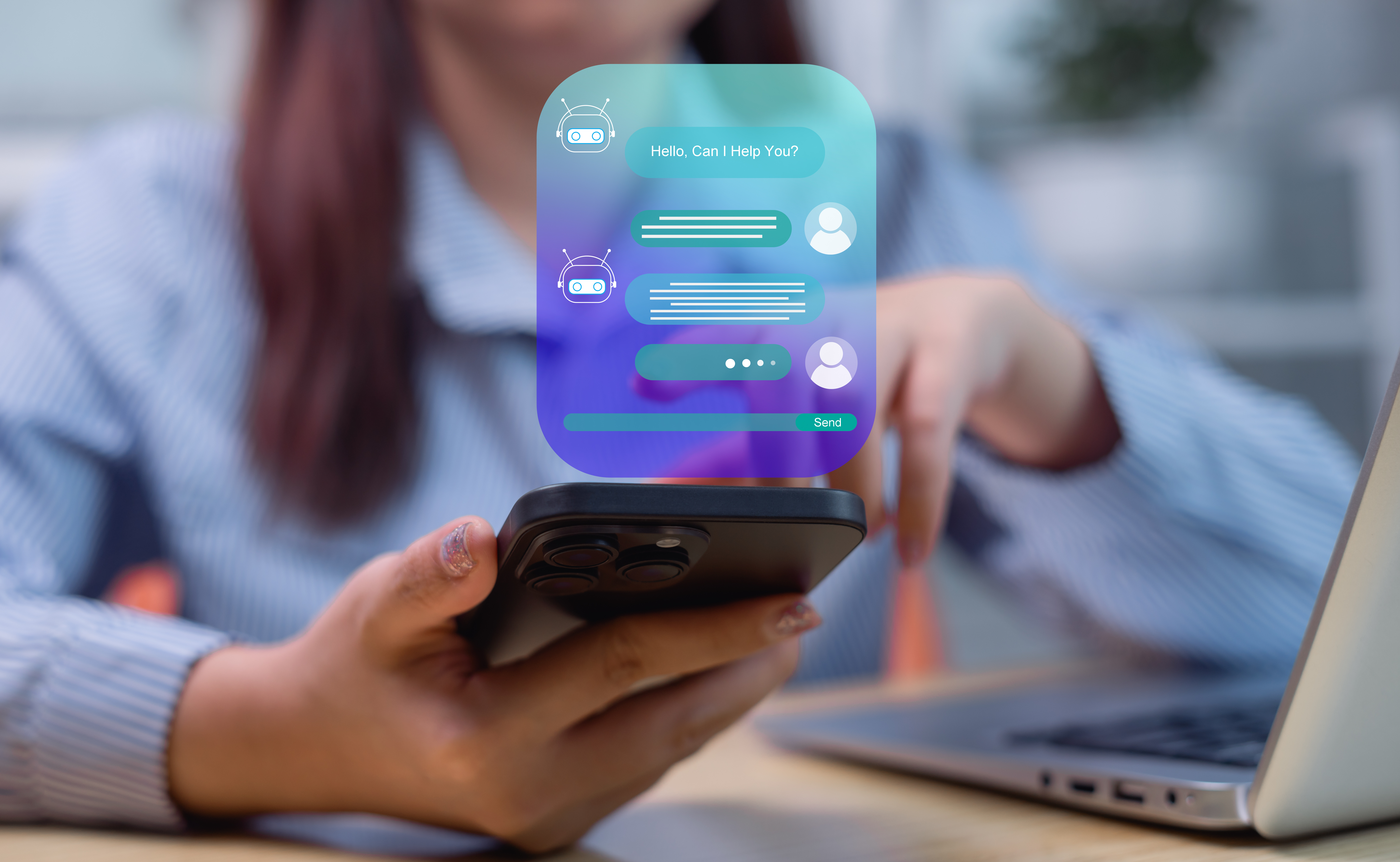 Intelligent digital customer service application concept AI chatbot computer mobile application uses artificial intelligence chatbots to automatically reply to online messages and immediately assist customers.