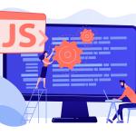 Programmers using JavaScript programming language on computer, tiny people. JavaScript language, JavaScript engine, JS web development concept. Pinkish coral bluevector isolated illustration