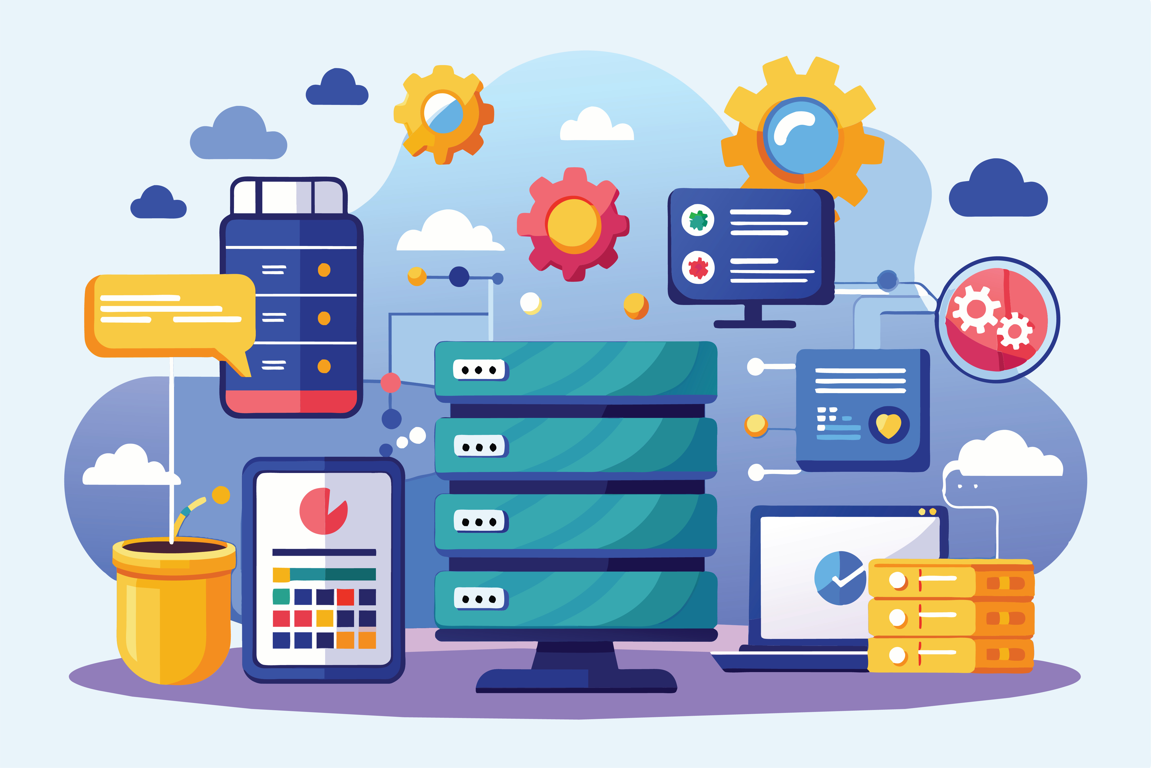 A colorful representation of web hosting and database storage solutions featuring digital devices and elements, Web hosting, online database storage technology