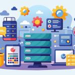 A colorful representation of web hosting and database storage solutions featuring digital devices and elements, Web hosting, online database storage technology