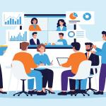 business finance analysis. Group business marketing team video conference meeting online and people brainstorming for planning concept