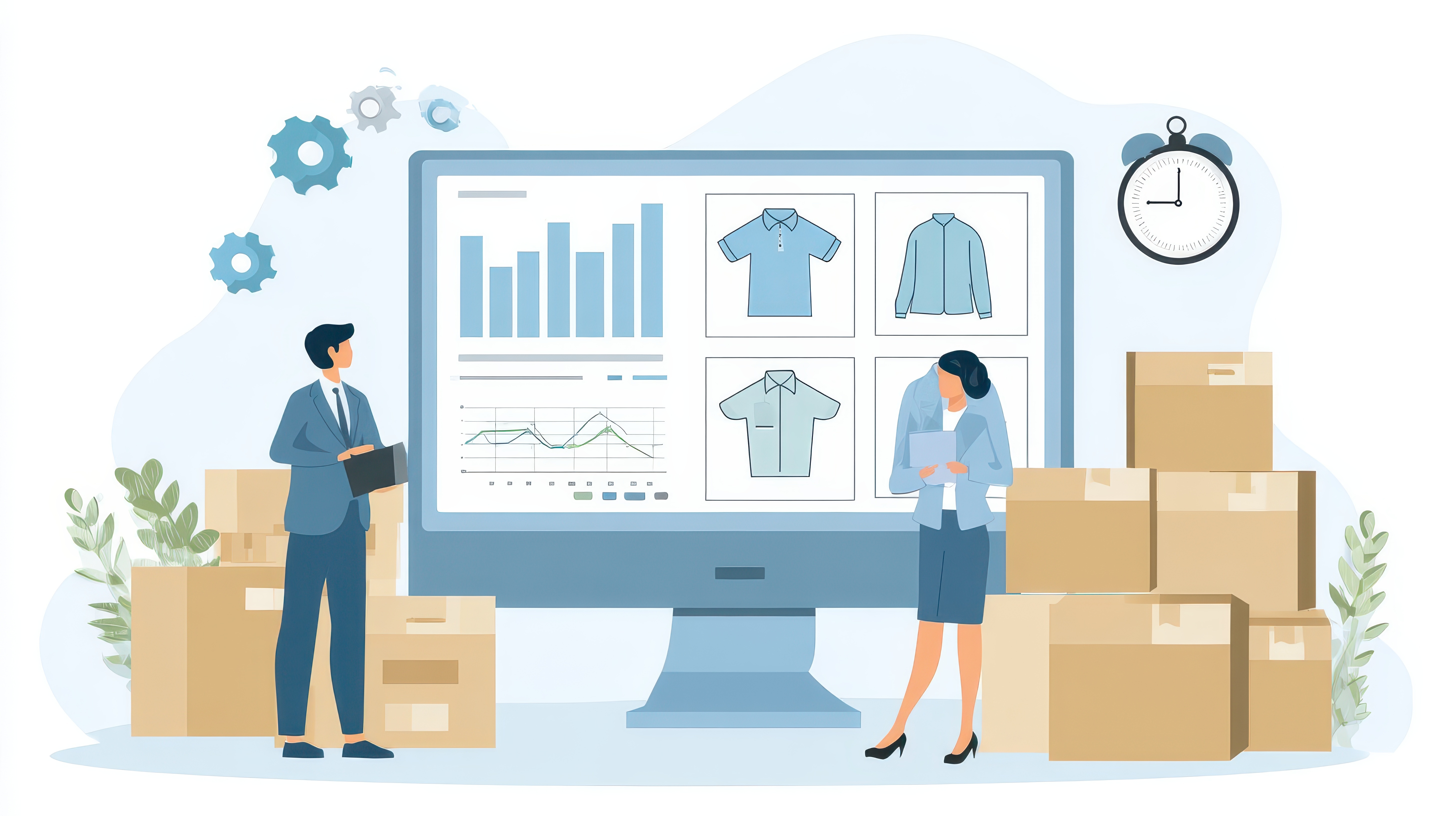 Two business figures standing near a computer monitor displaying online apparel sales data and graphs, surrounded by stacked cardboard boxes.