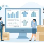 Two business figures standing near a computer monitor displaying online apparel sales data and graphs, surrounded by stacked cardboard boxes.