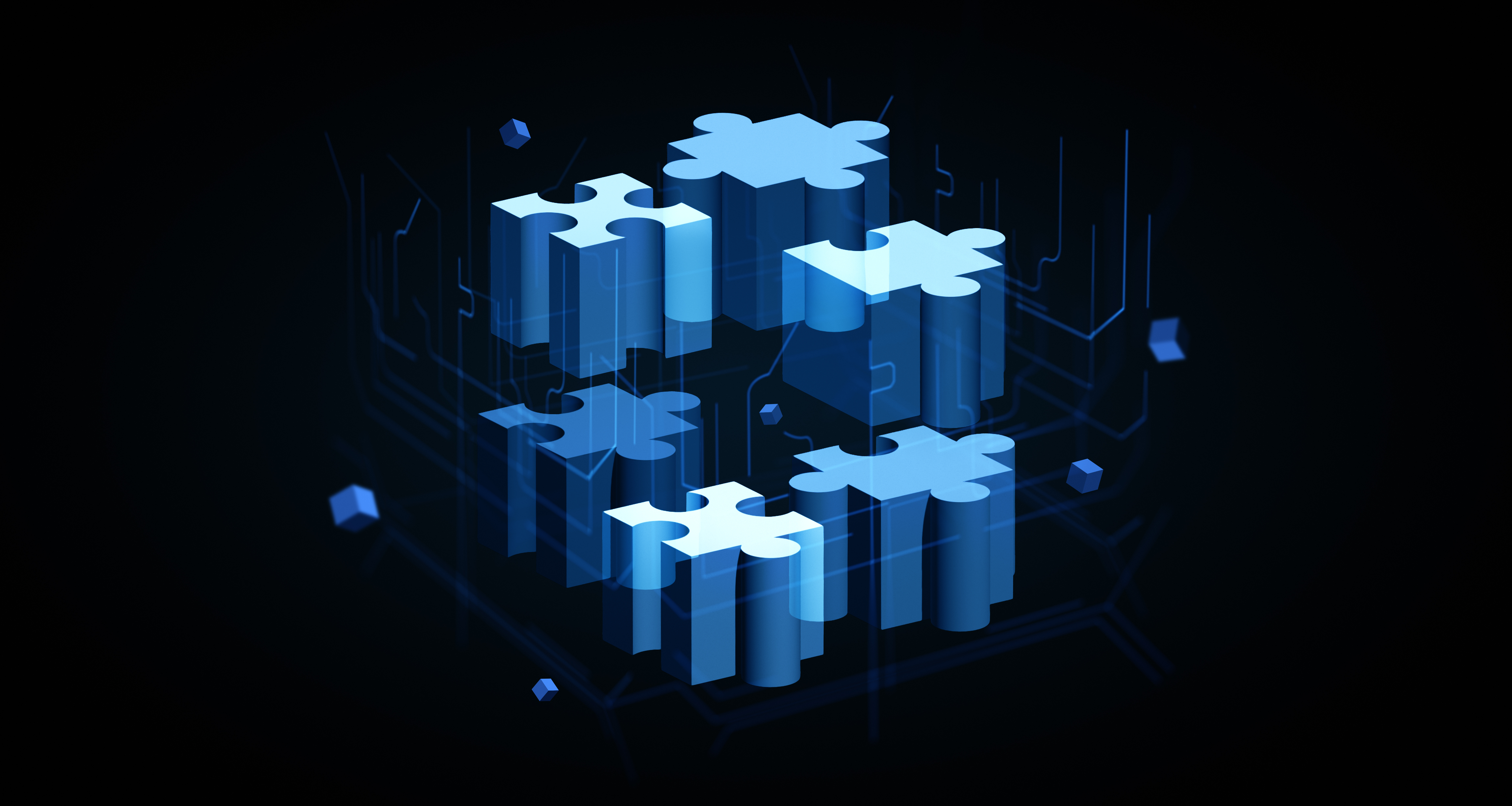 3D puzzle pieces in blue floating and forming a cube, futuristic digital style, dark gradient background, concept of integration and system connection, 3D Rendering