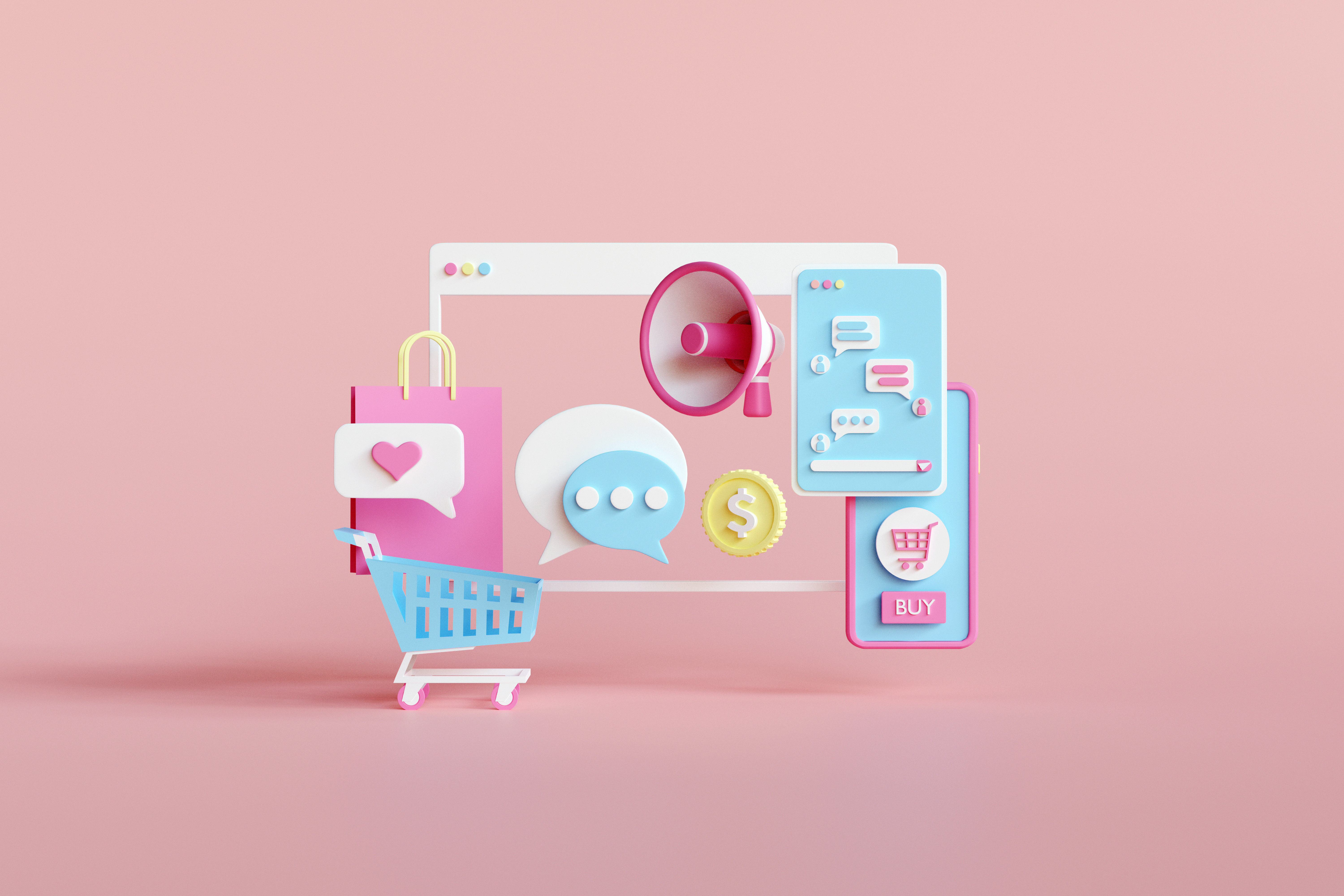 Shopping on-line online store mobile application 3d rendering illustration. social media app. 3d Smartphone with shopping bag, chat message, delivery. suitable for promotion of digital stores, web and Advertising.