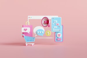 Shopping on-line online store mobile application 3d rendering illustration. social media app. 3d Smartphone with shopping bag, chat message, delivery. suitable for promotion of digital stores, web and Advertising.