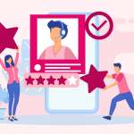 Illustration on a pink background of a customer service agent celebrating a 5-star rating. There’s a customer service agent illustrated over a mobile device, and two customers awarding stars. / principles of customer service
