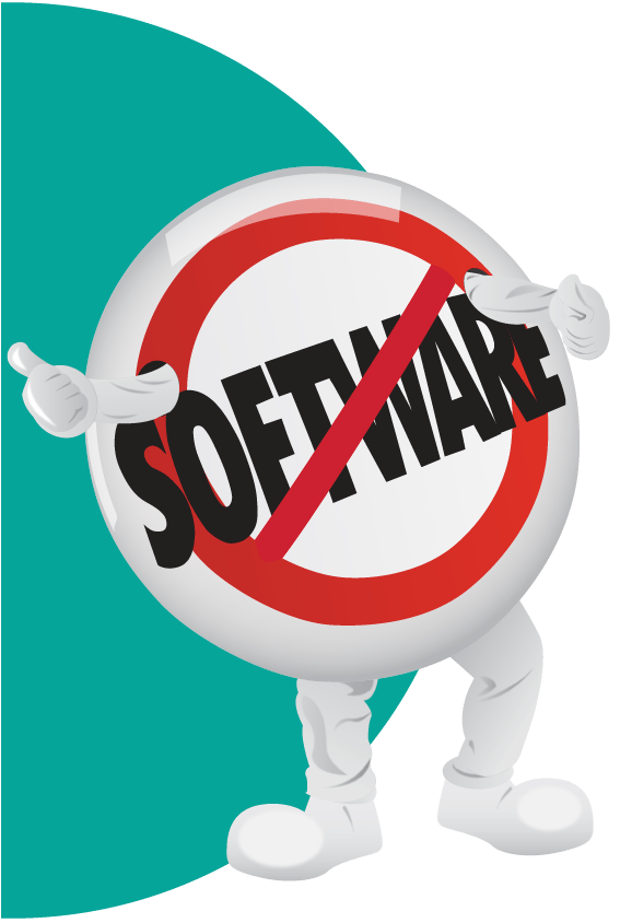SaaSy the original mascot character as an illustration. A circle with arms and legs. Over the chest area the word software is crossed out.