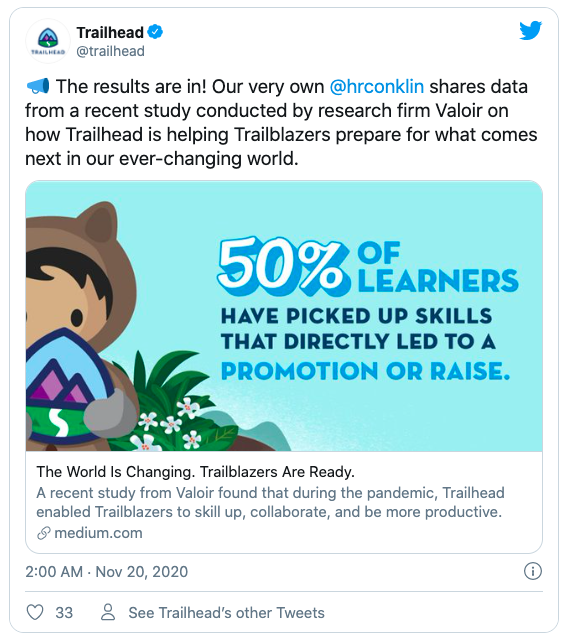 Trailhead Tweet - How Trailhead is helping Trailblazers prepare in ever-changing world.