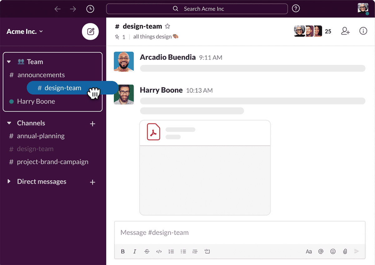 You can sort channels by projects, teams, or the type of work you’re doing.
