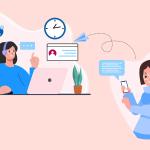 Illustration, with a pink background, of a customer receiving online customer service from a service agent / contact center AI