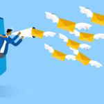Illustration on a blue background of a male office worker screaming into a megaphone, as envelopes with wings fly out / marketing campaign