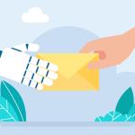 Illustration of a robot hand handing a yellow envelope to a human hand / AI email marketing