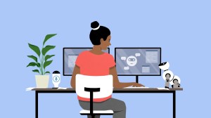 An illustration of a person at a desk working on a computer with an AI copilot dog nearby.