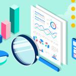 Illustration of a magnifying glass and sales report on a teal background