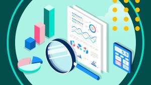 Illustration of a magnifying glass and sales report on a teal background