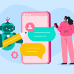 Illustration: A female customer in pink interacts with the best AI chatbot on her mobile device