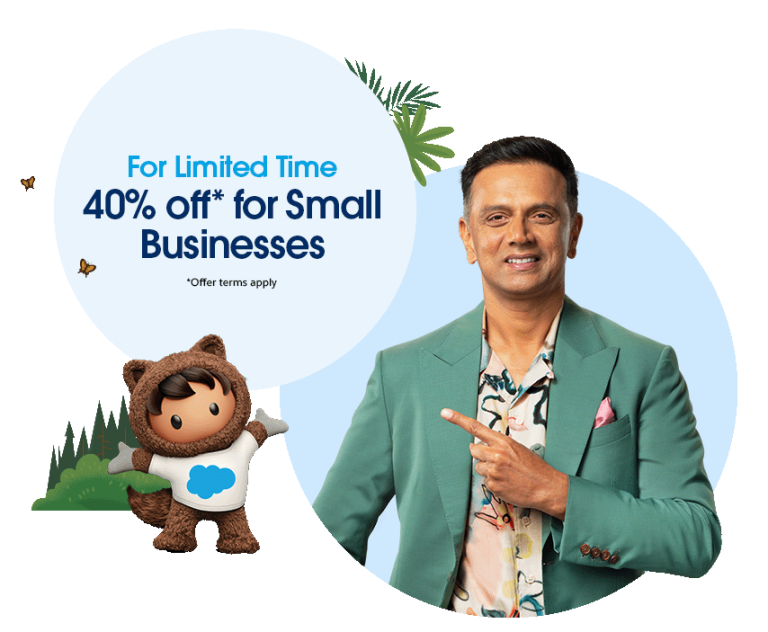 Rahul Dravid pointing his finger to the Salesforce CRM offer text block which says "For limited time, 40% off for Small Businesses"