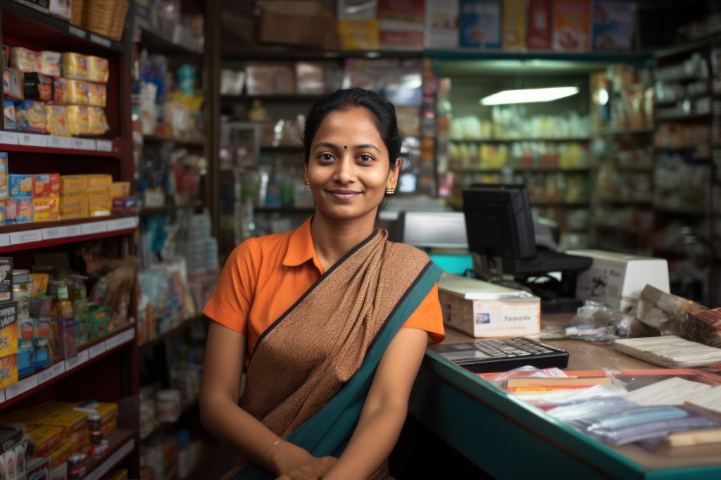Portrait of Indianwoman small Kirana or grocery shop owner sitting at cash counter, looking happily at camera.