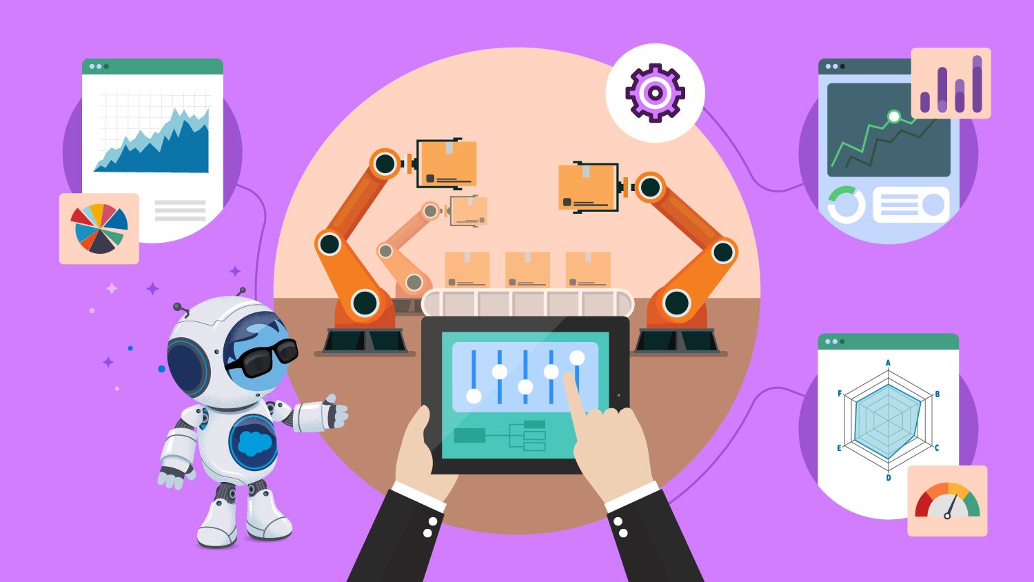 A factory manager analysing the unified customer data to improve production planning and customer satisfaction. Image credit: Salesforce, Adobe Stock