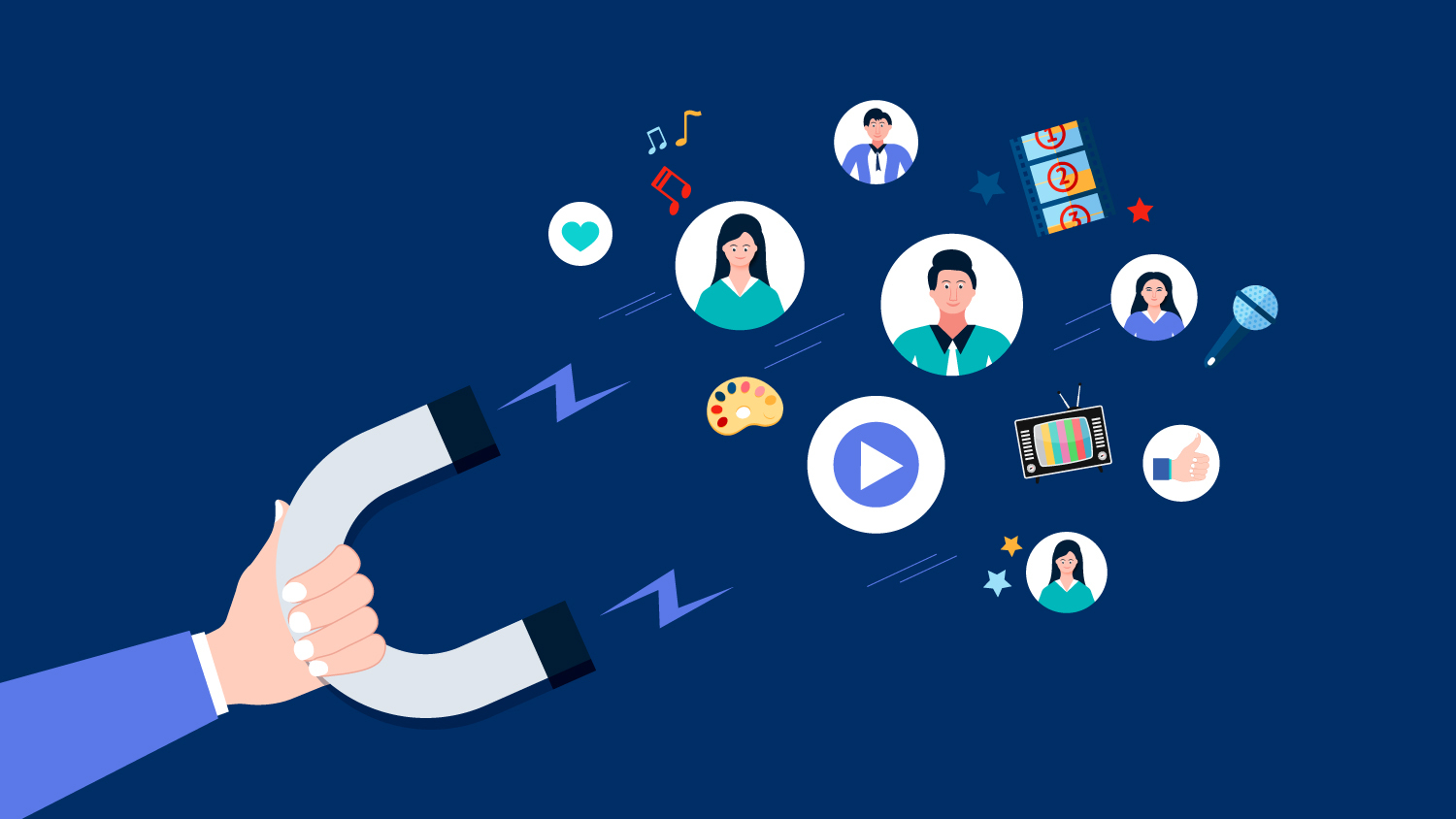 An illustration of a magnet trying to attract people and media icons signifying the message on how to do customer retention in media